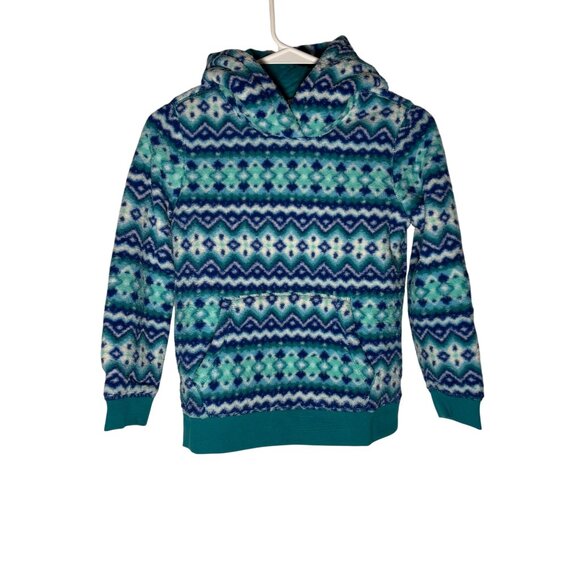 Lands' End Spade Blue Chevron Fair Isle High Pile Fleece Hoodie Kids Size S 6-7 - Picture 2 of 6